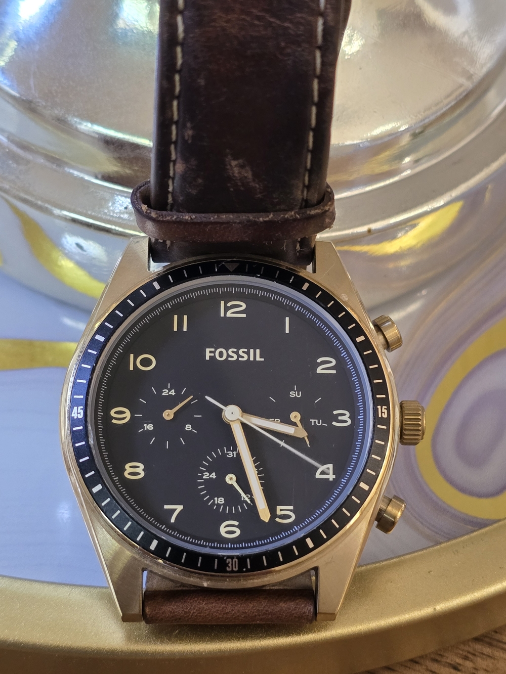Fossil Men's Brown Leather Chronograph Watch - Black Dial